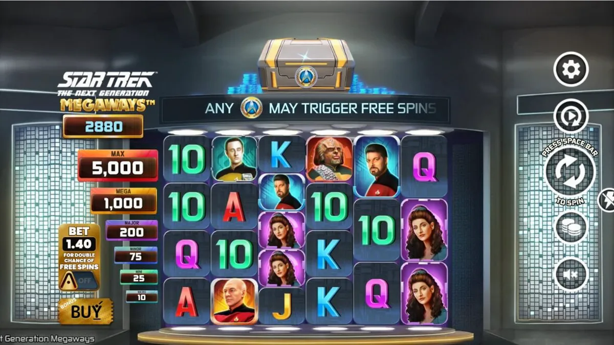 Interface do jogo Star Trek: The Next Generation Megaways com elementos temáticos da série