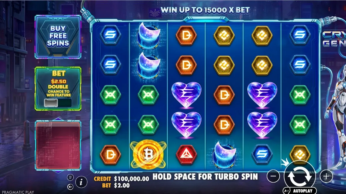 Cena futurista e cyberpunk do jogo de slot Crypto Genesys com luzes neon e símbolos de criptomoedas.